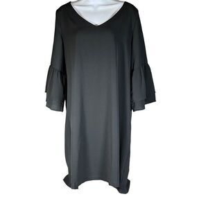 Belongsci Women's V-Neck Bell Sleeve Shift Dress Black Large